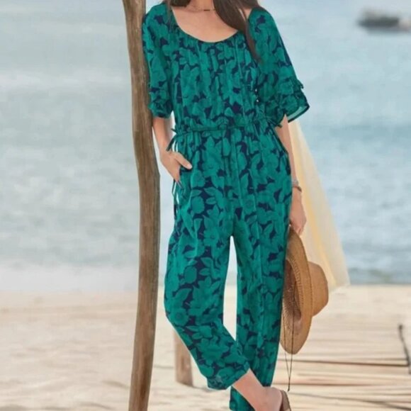 Sundance Medium Blue Green Grand Bays Floral Cotton Jumpsuit Vacation Resortwear - Picture 1 of 12